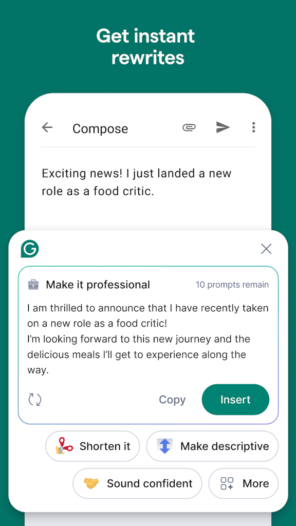 Grammarly Keyboard ofrece reescrituras instantáneas para mejorar textos en inglés desde el celular