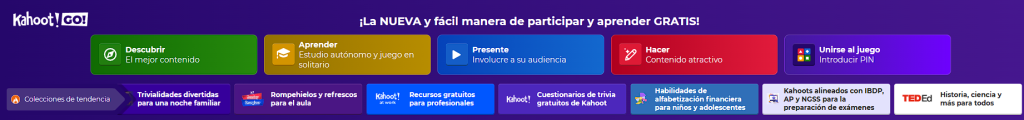 Menú de opciones de Kahoot! GO para aprender y participar gratis.