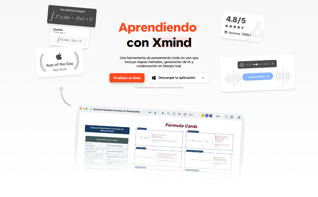 Página de inicio de XMind con opciones para probar en línea o descargar la aplicación de mapas mentales.