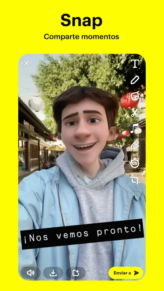 Ejemplo de Snap en Snapchat con filtro animado y texto en pantalla