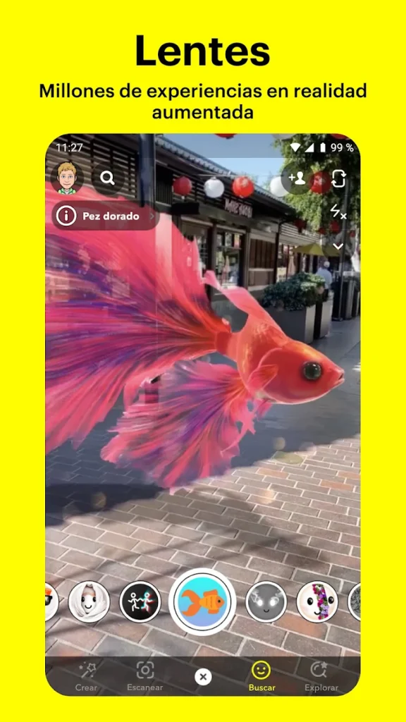 Ejemplo de lente de realidad aumentada en Snapchat con un pez dorado 3D
