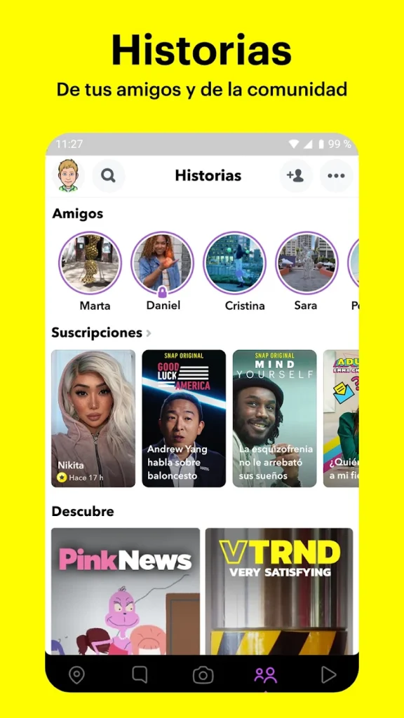 Interfaz de Snapchat mostrando historias de amigos y suscripciones en 2025