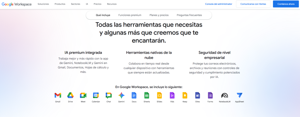 Página oficial de Google Workspace mostrando sus aplicaciones principales como Gmail, Drive, Meet, Calendar, Chat, Docs, Sheets, Slides, Forms y más, con funciones de IA integrada, seguridad empresarial y herramientas en la nube.