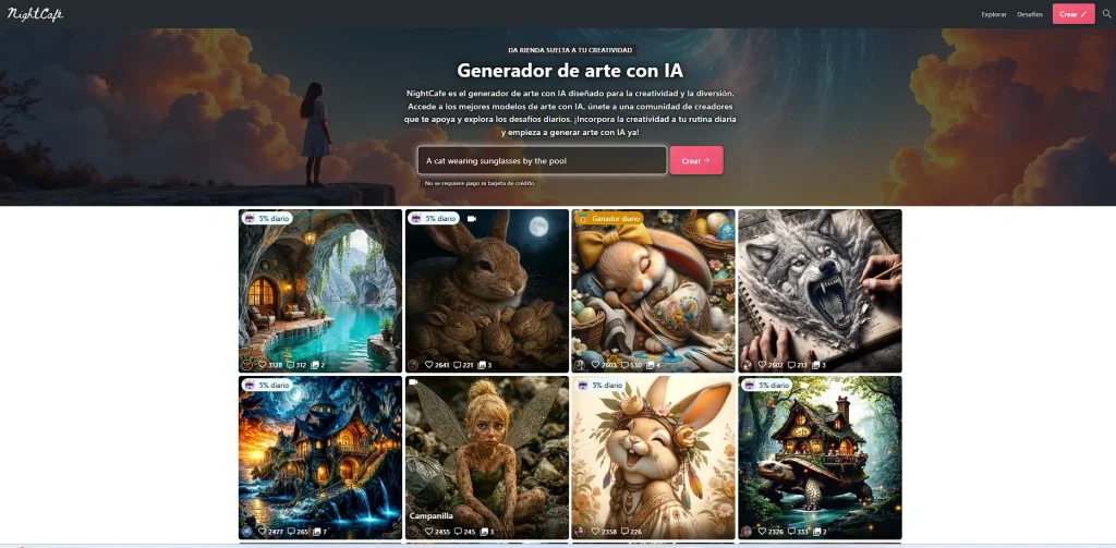 Interfaz principal de NightCafe con ejemplos de arte generado por inteligencia artificial en distintos estilos.