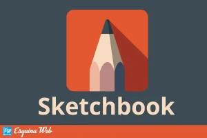 Logotipo de la aplicación Sketchbook con diseño de lápiz sobre fondo naranja y azul oscuro.