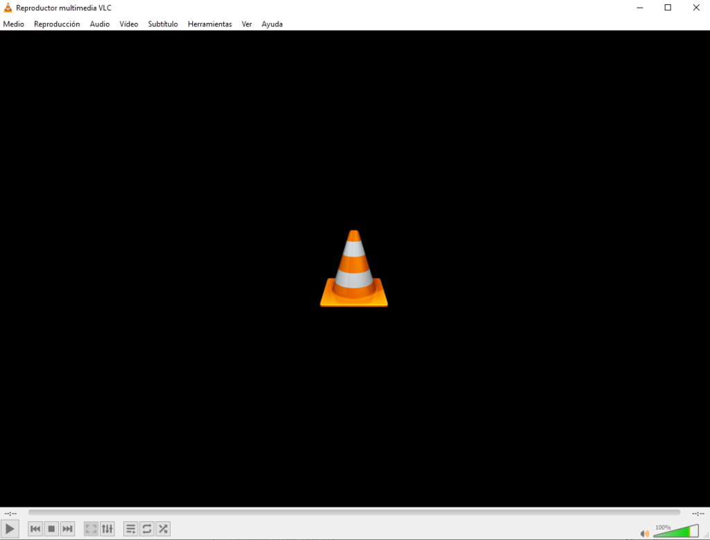 Interfaz principal del reproductor multimedia con el ícono del cono de tráfico en pantalla, típico del programa de código abierto para reproducir videos y audios.