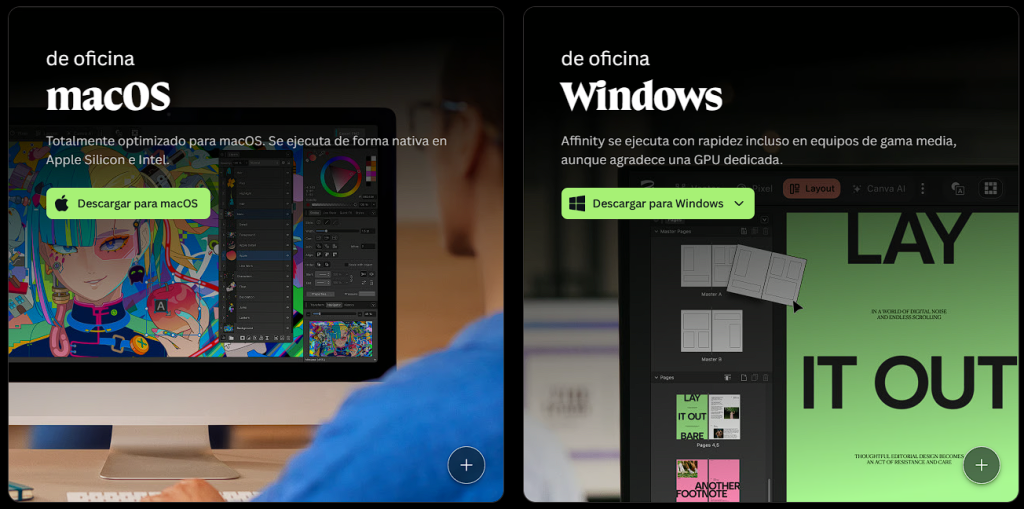 Opciones para descargar Affinity by Canva en macOS y Windows.