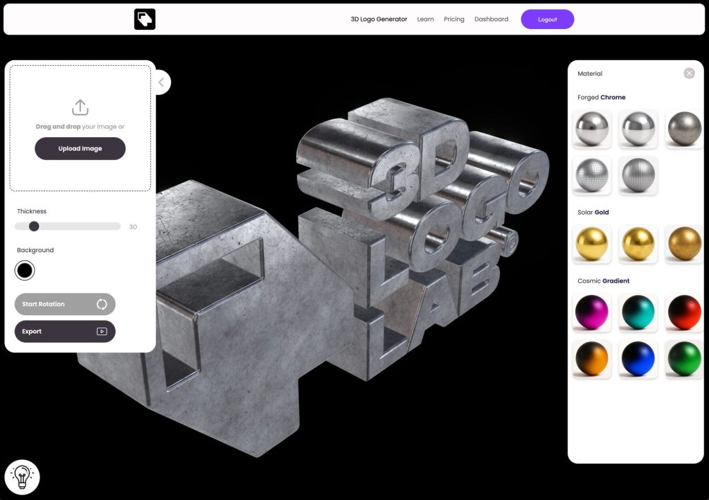 Interfaz de 3DLogoLab mostrando un logo en 3D con efecto metálico y opciones de materiales.