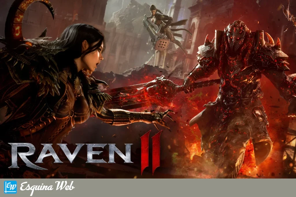 Imagen del juego Raven II mostrando un combate entre una guerrera y un enemigo demoniaco en un entorno oscuro y destruido.