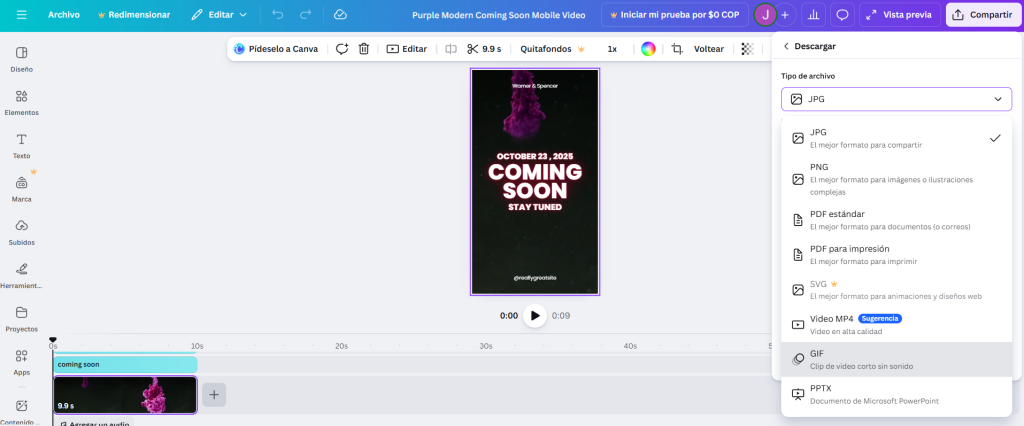 Opciones para la descarga del post