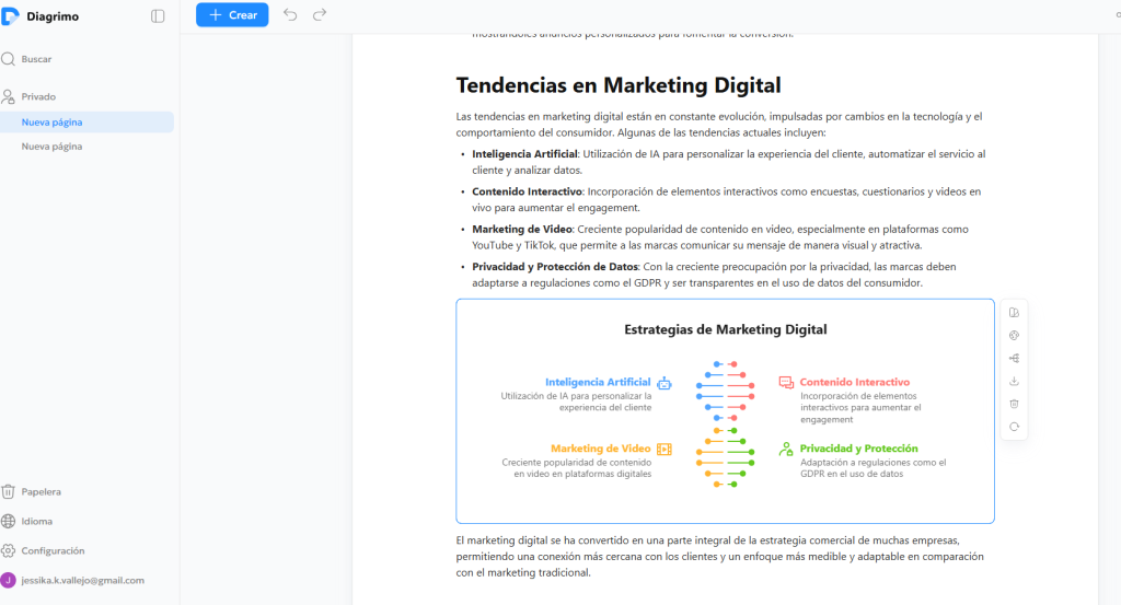 Interfaz de la herramienta Tenorshare Diagrimo mostrando un documento sobre Tendencias en Marketing Digital con un diagrama de ADN generado por IA que visualiza conceptos como Inteligencia Artificial, Marketing de Video y Privacidad.