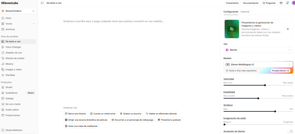 Interfaz de ElevenLabs mostrando la herramienta de texto a voz con inteligencia artificial para generar voces realistas.