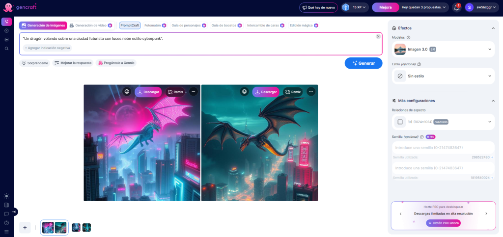 Interfaz de Gencraft generando imágenes con inteligencia artificial a partir de un prompt de texto sobre un dragón volando en una ciudad futurista estilo cyberpunk.