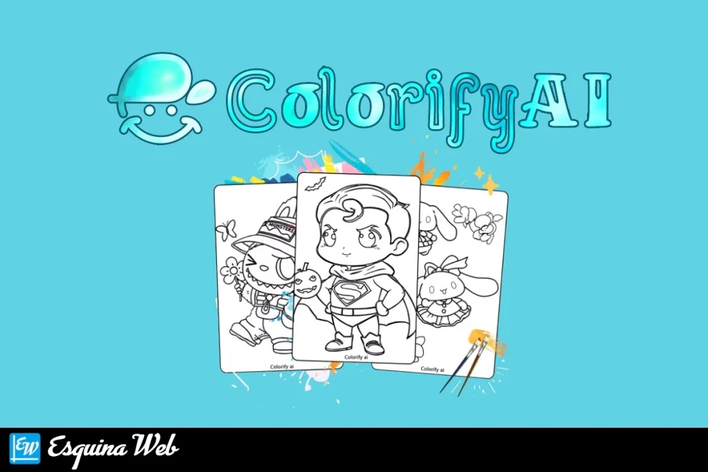 Colorify AI logo con varias páginas para colorear listas para imprimir, incluyendo un niño superhéroe, un monstruo pirata y un conejo. Herramienta gratuita de IA para crear coloring pages.