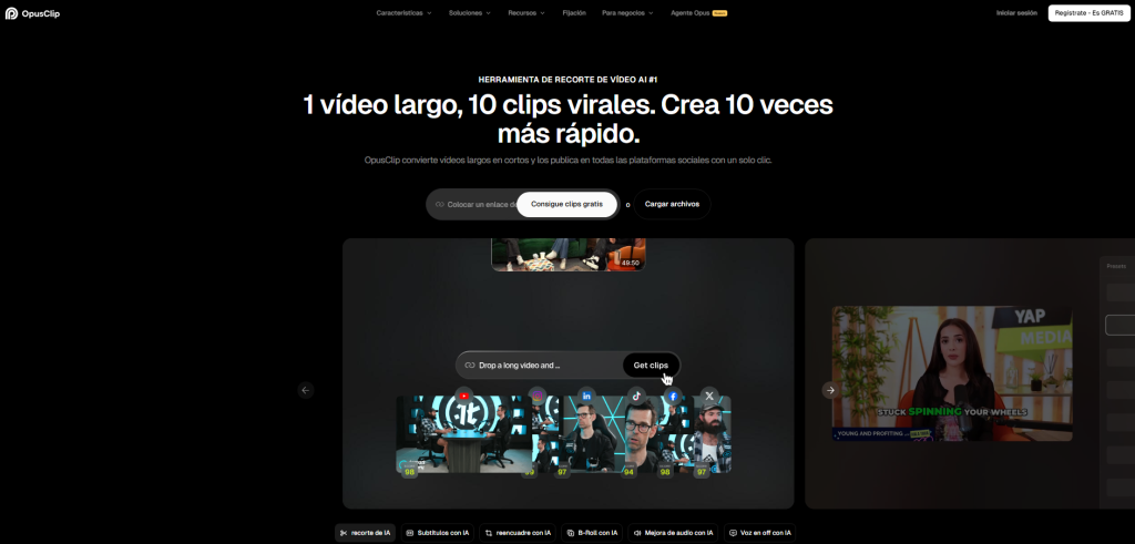 Interfaz principal de OpusClip en español mostrando la función de recortar un vídeo largo en clips virales con inteligencia artificial.