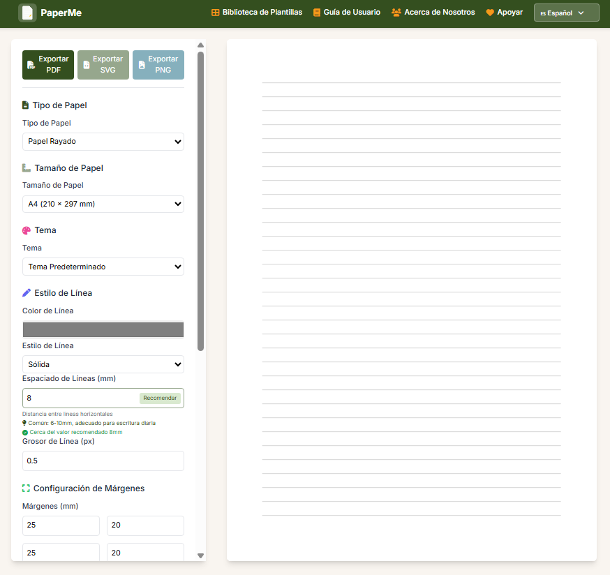 PaperMe interfaz para crear hojas rayadas personalizadas en tamaño A4 y exportarlas en PDF, SVG o PNG