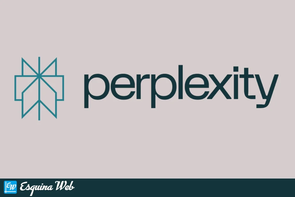 Logo de Perplexity en color verde azulado sobre fondo claro, acompañado del nombre “perplexity” y la marca Esquina Web en la parte inferior.