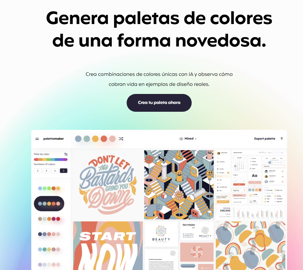 Interfaz de PaletteMaker mostrando una herramienta para generar paletas de colores con inteligencia artificial y ejemplos de diseños creativos en pantalla.