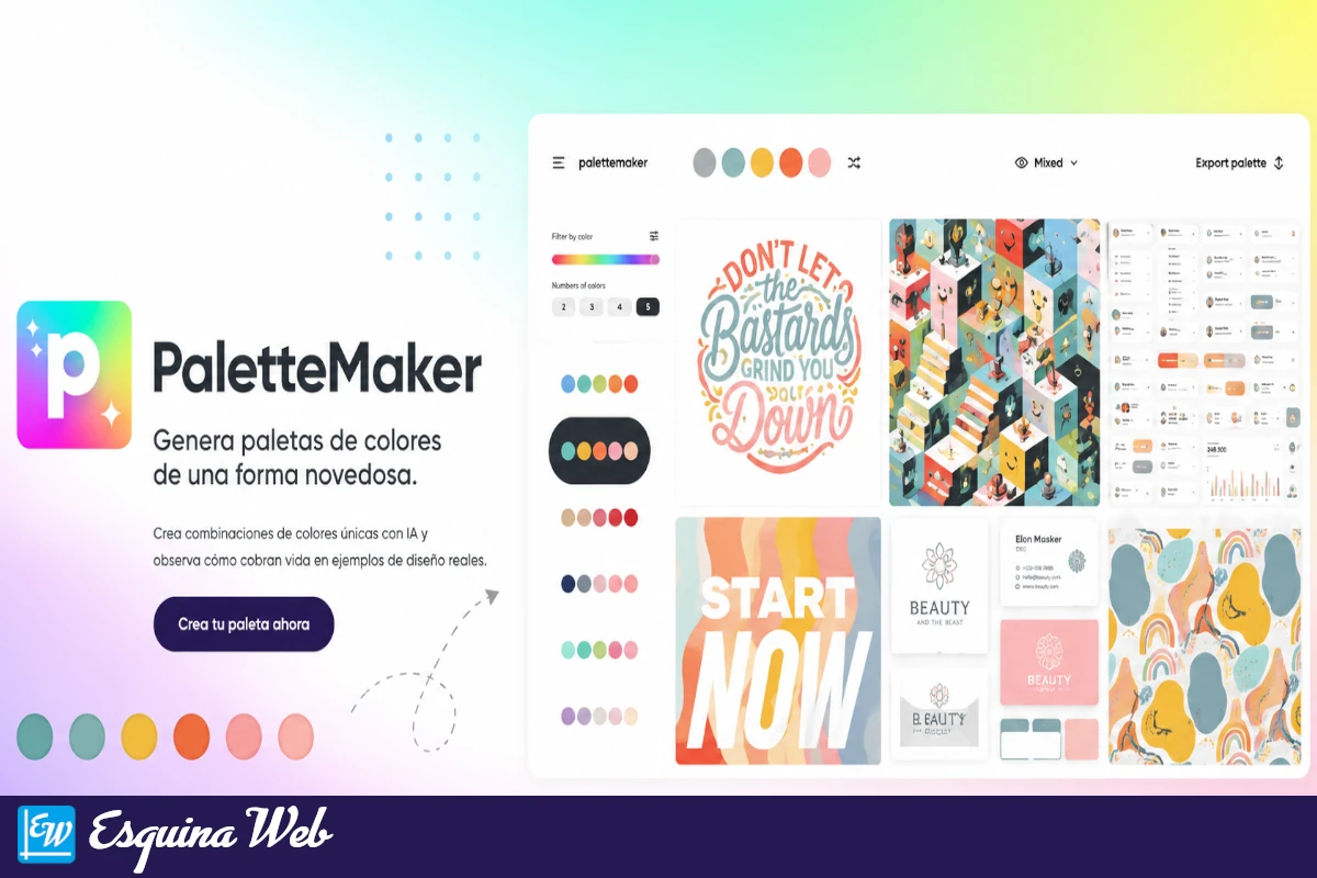 PaletteMaker mostrando su logo oficial, una interfaz para crear paletas de colores con inteligencia artificial y ejemplos de diseños creativos en tonos pastel.