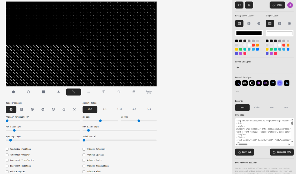 Captura de pantalla de la interfaz web de 'SVG Pattern Builder' que muestra una canvas oscura a la izquierda con un patrón repetitivo de pequeñas líneas diagonales blancas.