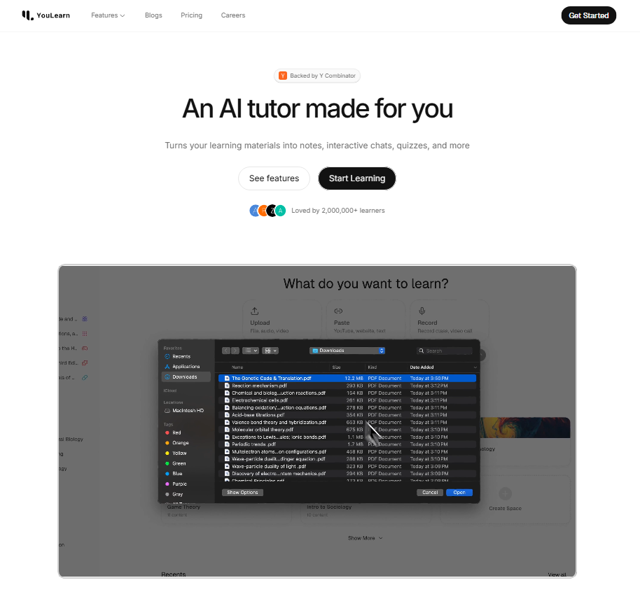 Página de inicio de YouLearn AI mostrando el encabezado “An AI tutor made for you”, con botones para comenzar a aprender y ver funciones, y una sección inferior donde se ilustra la carga de documentos en una interfaz tipo escritorio para estudio con inteligencia artificial.