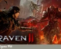 Imagen del juego Raven II mostrando un combate entre una guerrera y un enemigo demoniaco en un entorno oscuro y destruido.