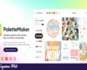 PaletteMaker mostrando su logo oficial, una interfaz para crear paletas de colores con inteligencia artificial y ejemplos de diseños creativos en tonos pastel.