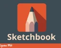 Logotipo de la aplicación Sketchbook con diseño de lápiz sobre fondo naranja y azul oscuro.